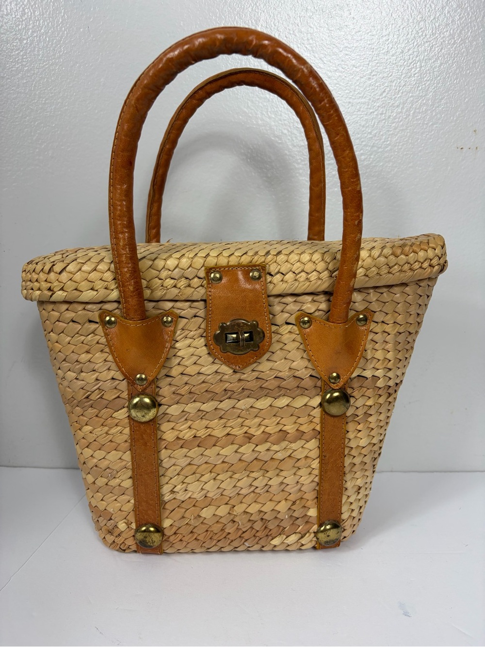 Vintage Woven Tote with Tan Leather Trim unique and rare
